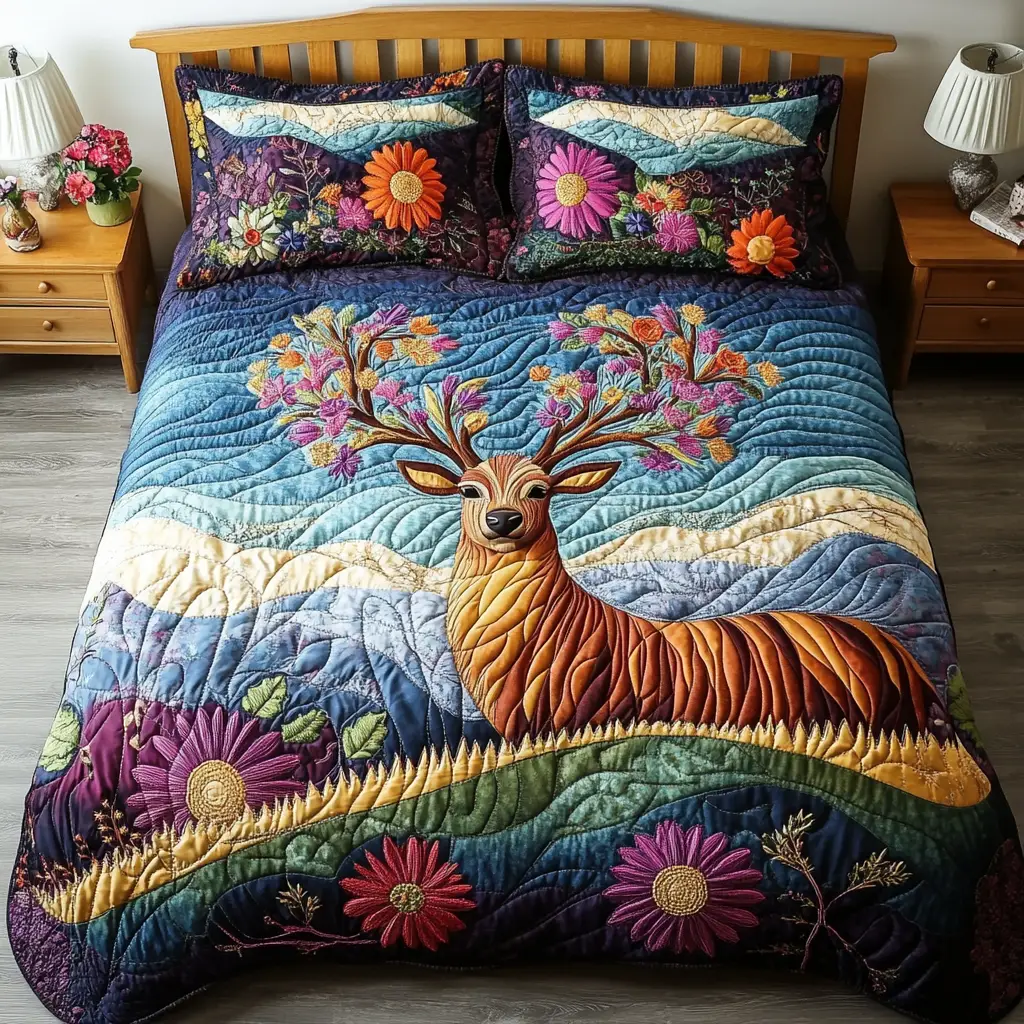 Golden Antlers Quilted Bedding Set Bedroom Decorations Gifts For Deer Hunters