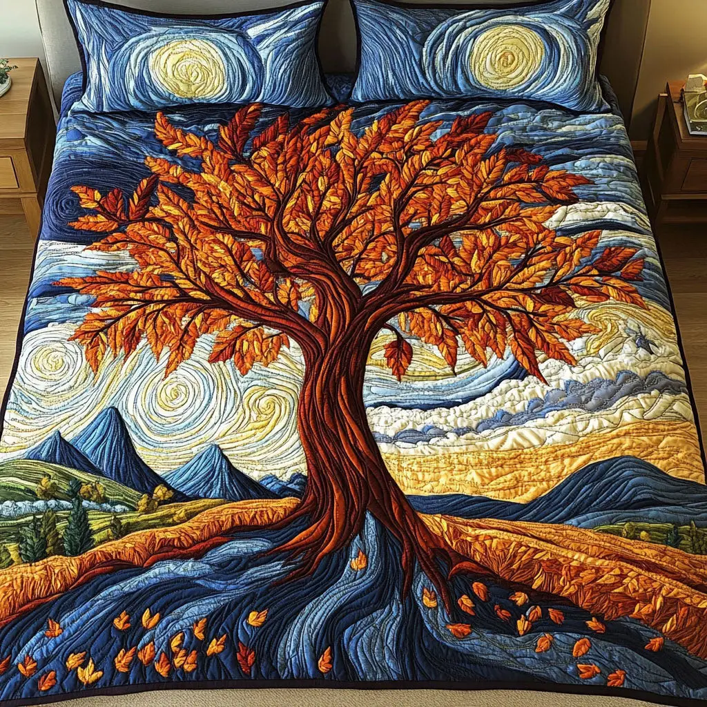 Golden Autumn Tree Quilted Bedding Set Best Bedspread Set Tree Of Life Gifts For Women