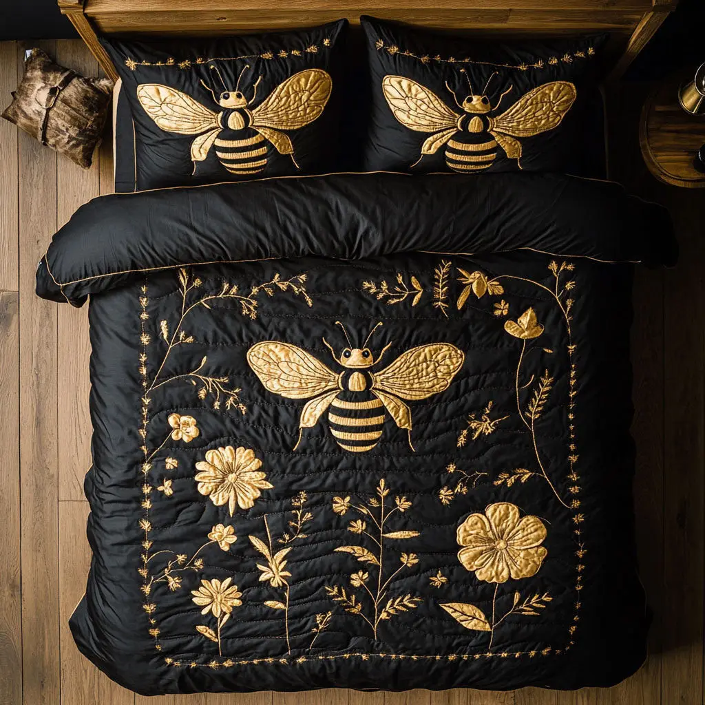 Golden Bee Quilted Bedding Set Duvet Cover Bedspread  Bedroom Decor For Parents