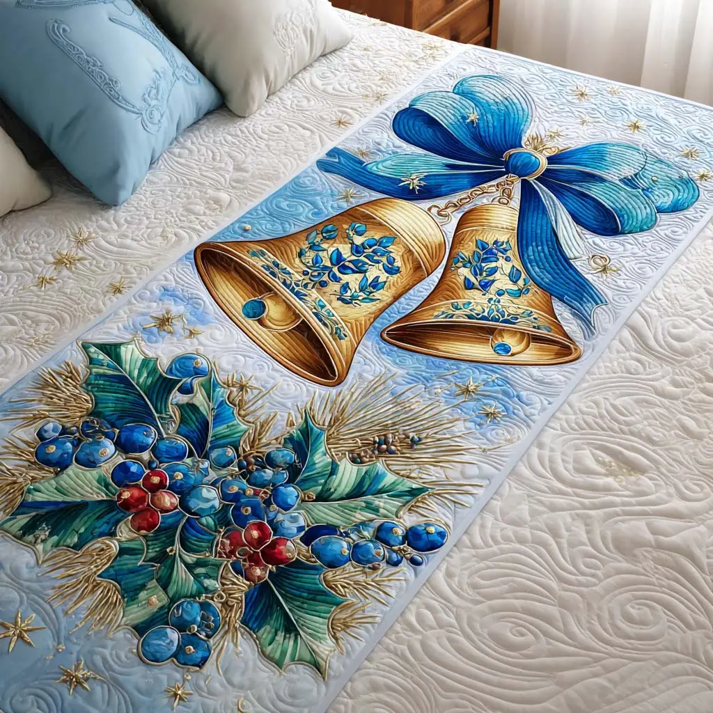 Golden Bells Quilted Bed Runner Golden Bells Ring Holiday Gift for Grandma Golden Bells Quilted Bed Runner Golden Bells Ring Holiday Gift for Grandma - Image 1