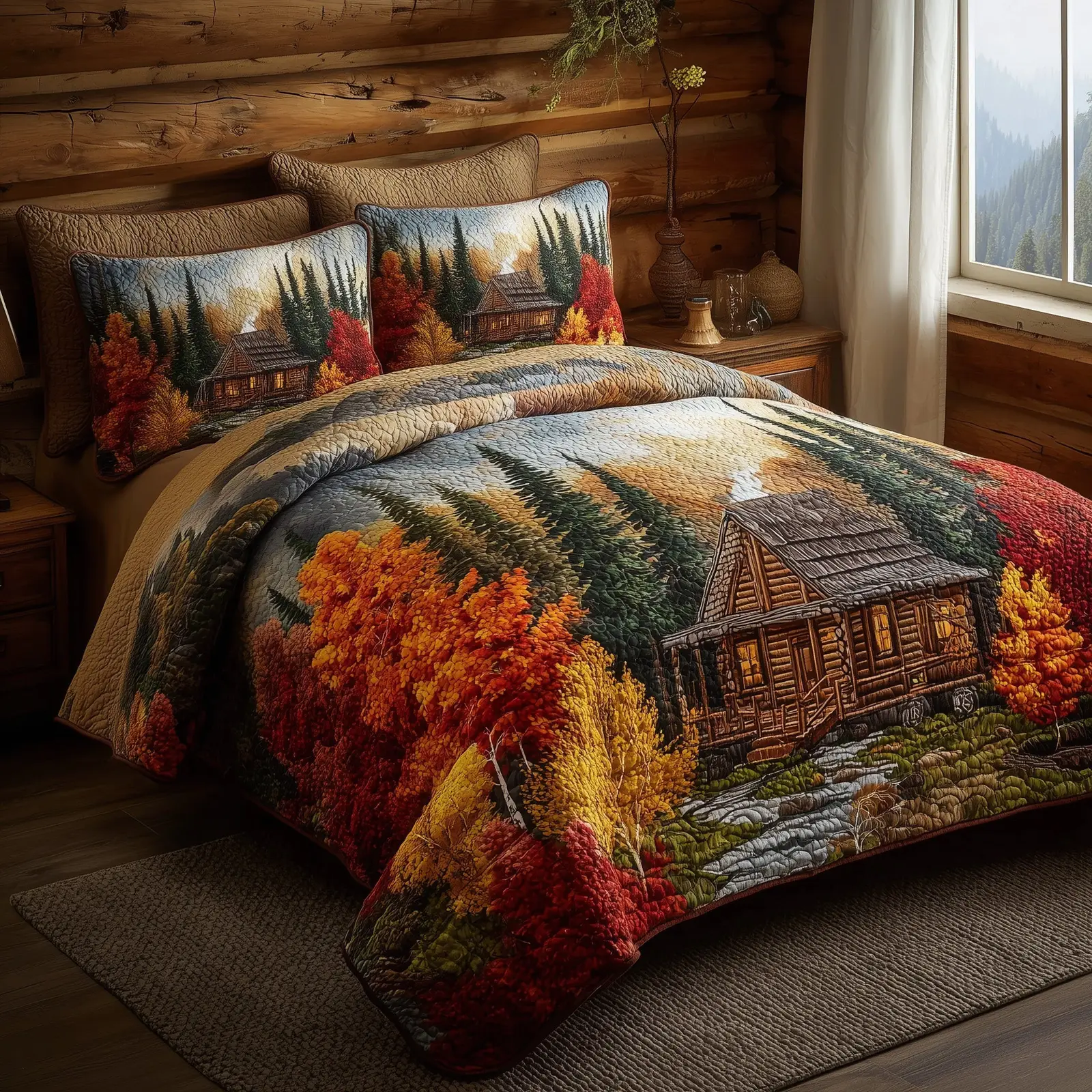 Golden Bloom Cabin Quilted Bedding Set Duvet Bed Set Countryside Autumn Themed Gifts