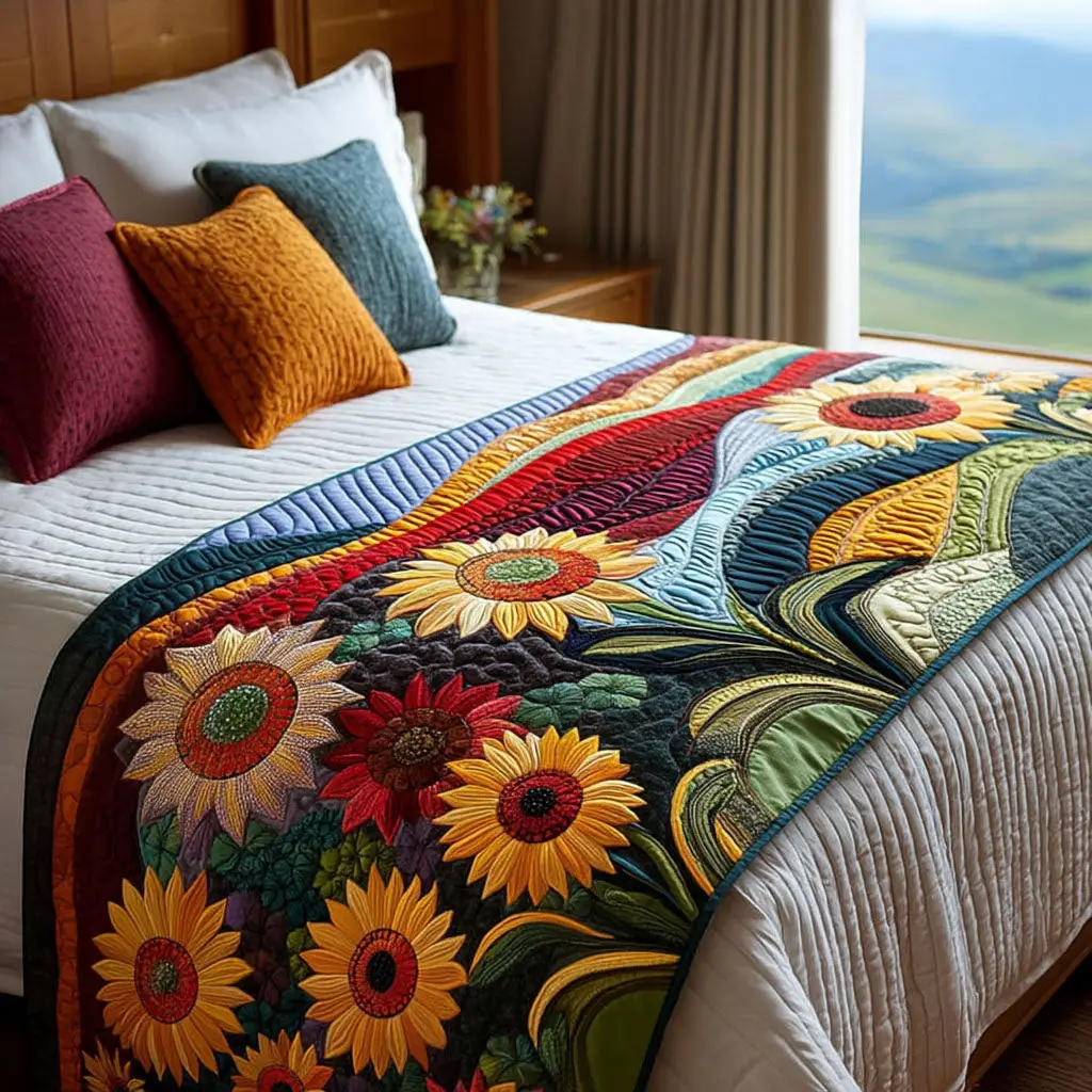Golden Bloom Fields Quilted Bed Runner Golden Bloom Field Spring Gift for Sister