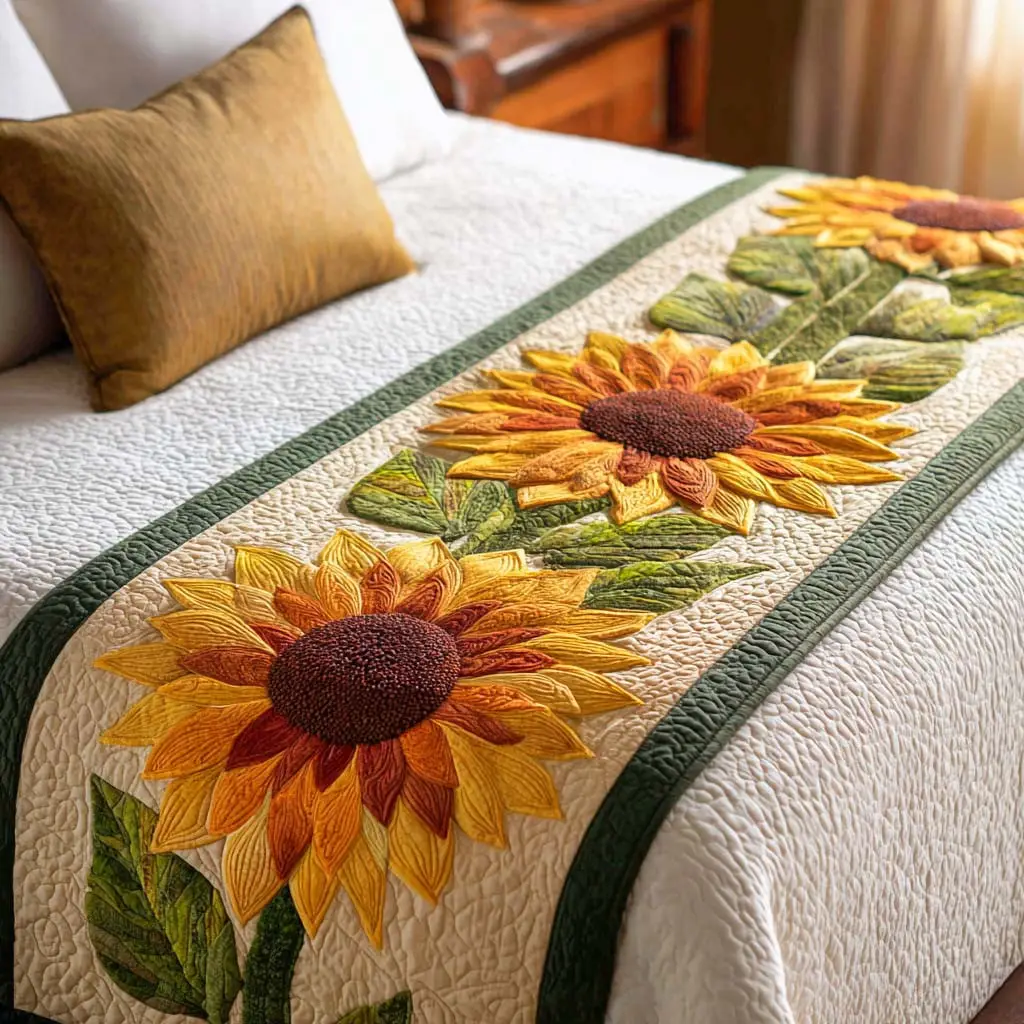 Golden Bloom Trail Quilted Bed Runner Golden Bloom Trail Floral Spring Gift Golden Bloom Trail Quilted Bed Runner Golden Bloom Trail Floral Spring Gift - Image 1