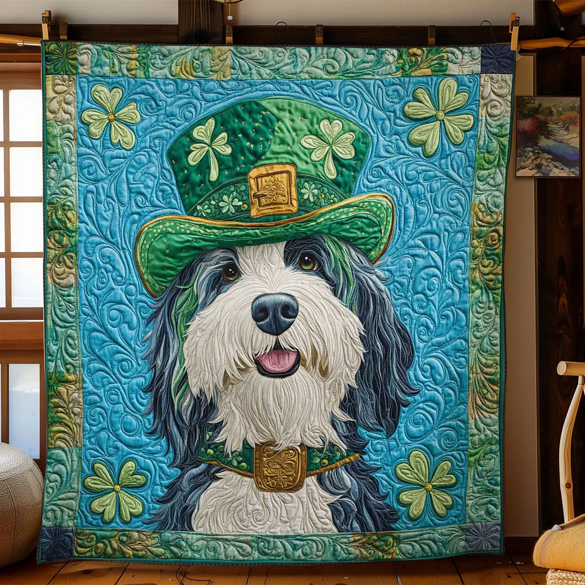 Golden Buckle Bearded Collie Quilted Blanket Happy St Patrick's Day Holiday Gift For Dog Lovers
