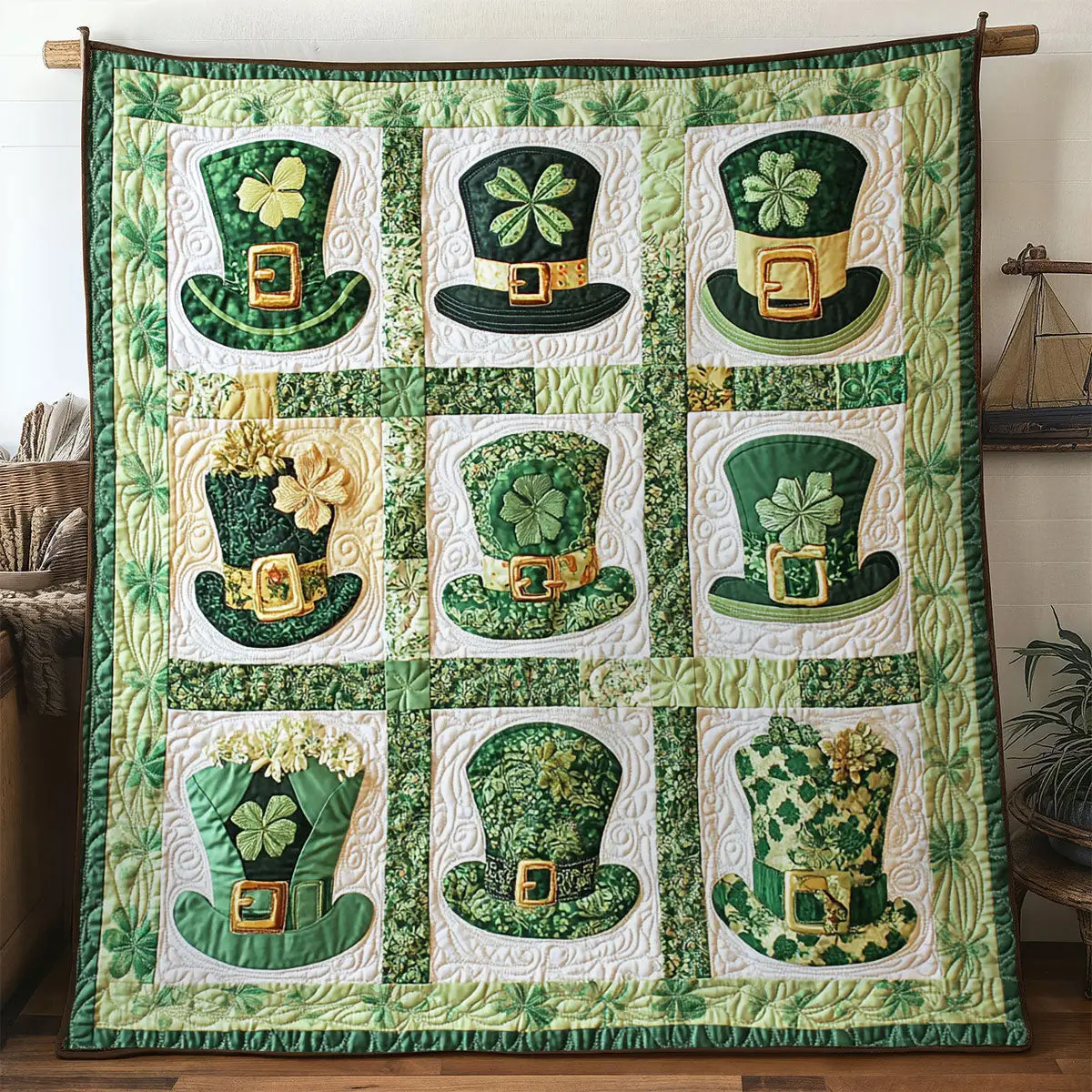 Golden Buckle Hat Quilted Blanket Cozy Living Decor St Patricks Day Gifts For Grandma