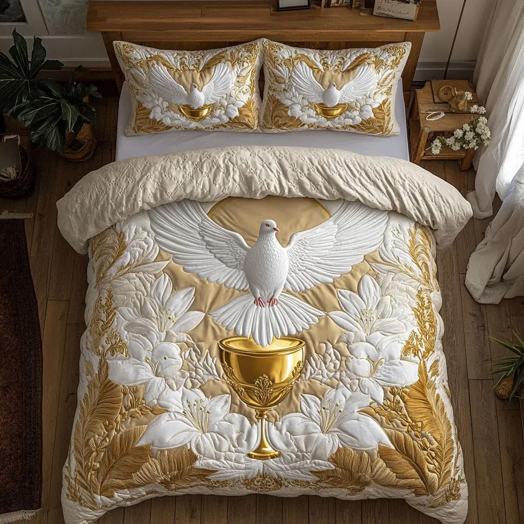 Golden Dove Quilted Bedding Set Duvet Cover Bedspread Gifts Bedroom Decorative