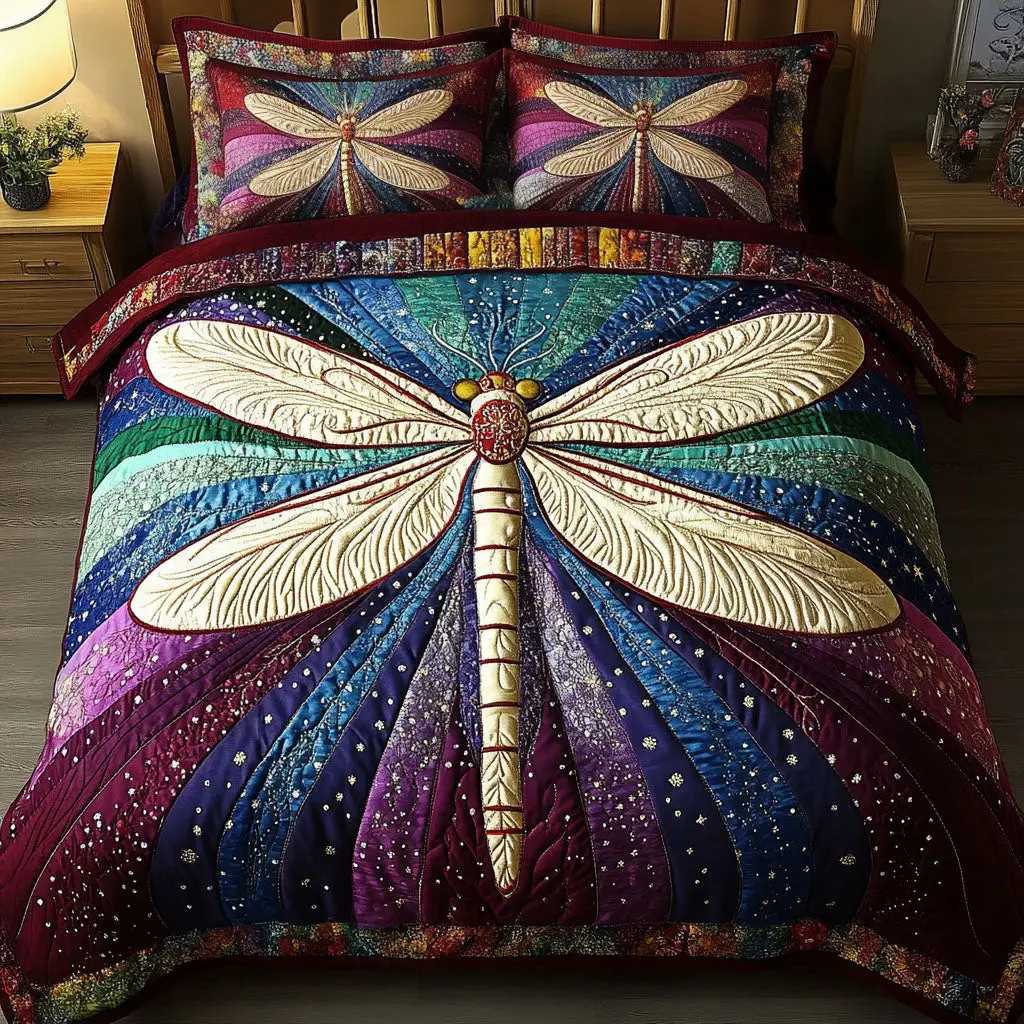 Golden Dragonfly Quilted Bedding Set King Comforter Sets Nature Themed Gift For Sister