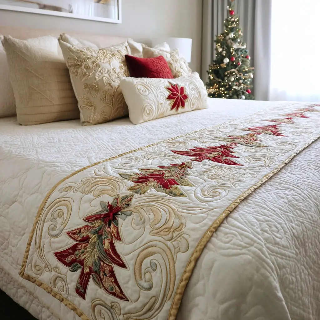 Golden Eve Quilted Bed Runner Golden Christmas Eve Holiday Gift for Wife