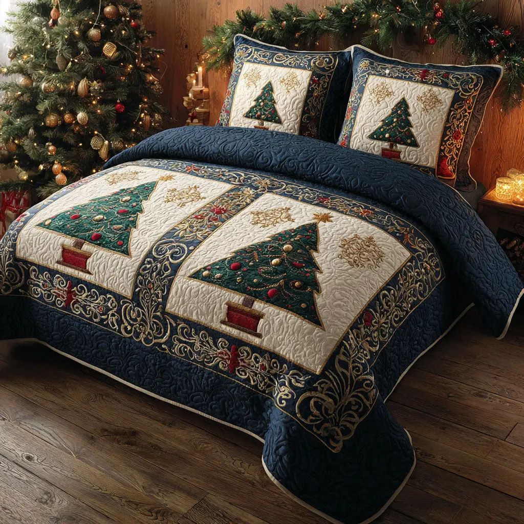 Golden Evergreen Quilted Bedding Set Cozy Comforter Set for Winter Warmth