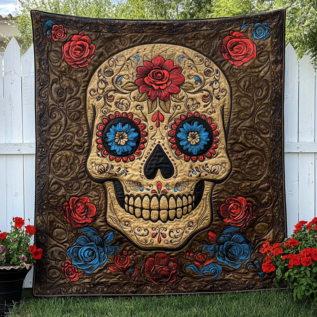 Golden Fiesta Skull Quilted Blanket Winter Decor Blanket Cool Skull Gifts Golden Fiesta Skull Quilted Blanket Winter Decor Blanket Cool Skull Gifts - Image 1