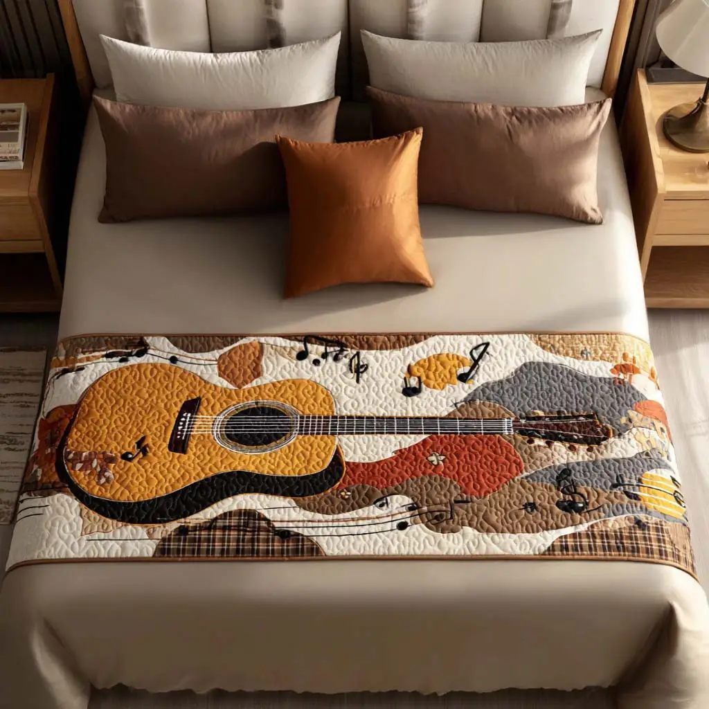 Golden Fret Quilted Bed Runner Golden Guitar Fret Gift for Dad