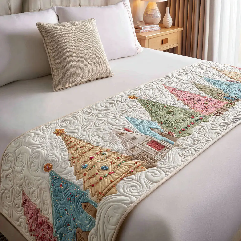 Golden Garland Tree Quilted Bed Runner Holiday Tree Look Gift for Parents