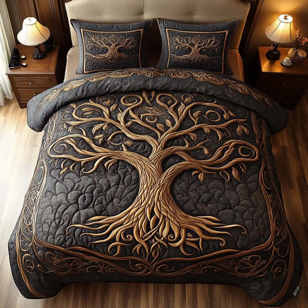 Golden Harmony Quilted Bedding Set Full Size Comforter Elegant Gift For Grandma
