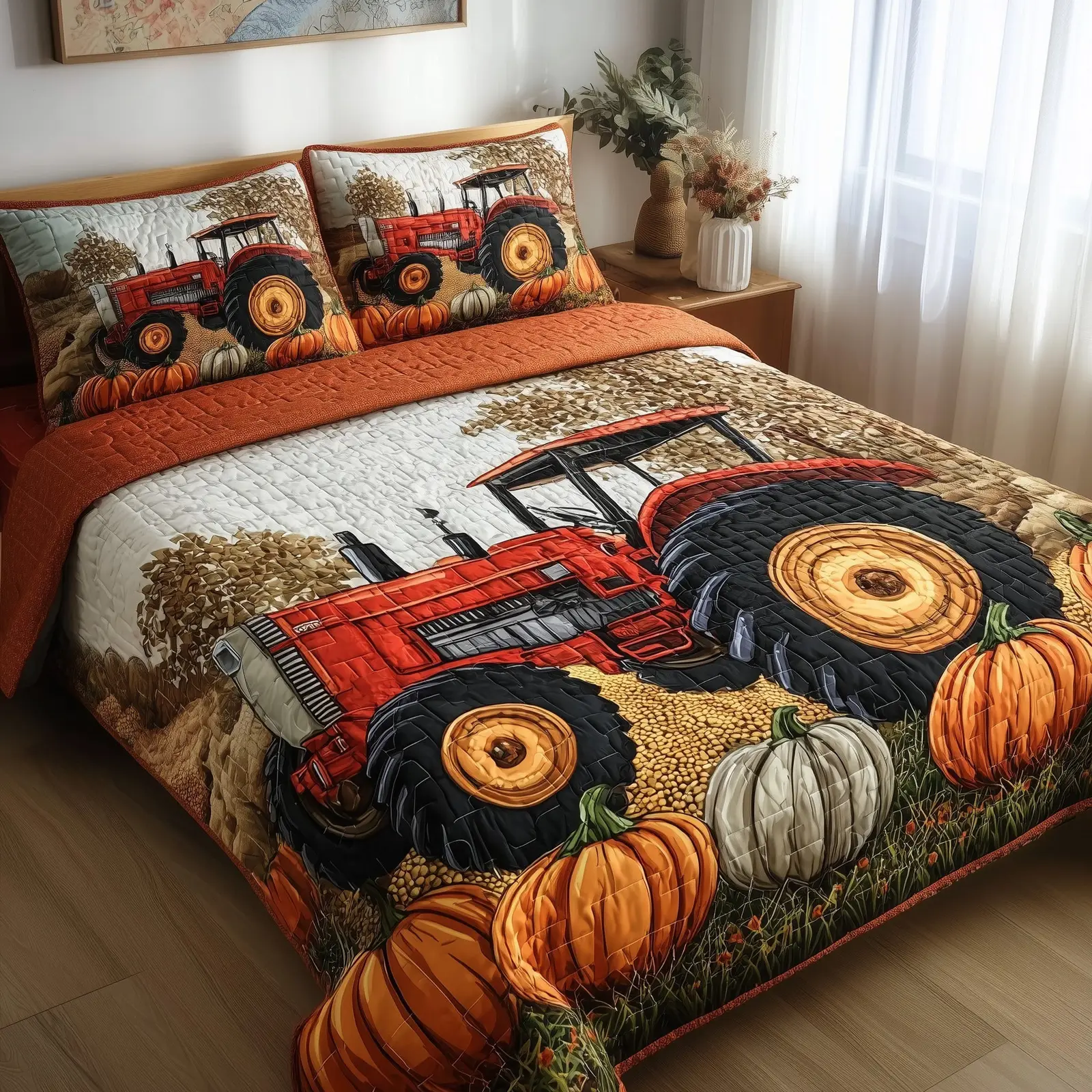 Golden Harvest Quilted Bedding Set Bedspread Autumn Tractor Gifts For Dad Farmers Golden Harvest Quilted Bedding Set Bedspread Autumn Tractor Gifts For Dad Farmers - Image 1