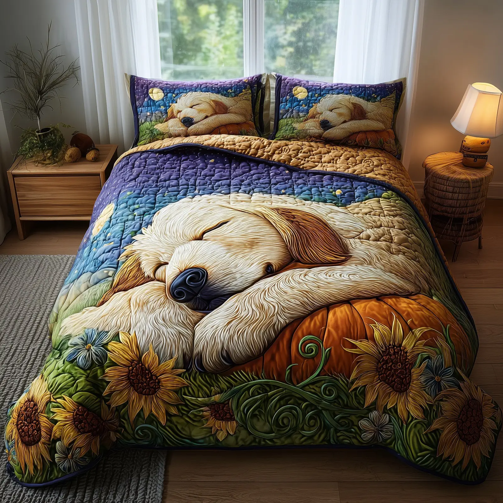Golden Harvest Retriever Quilted Bedding Set Bed Decor Golden Retriever Owner Gifts