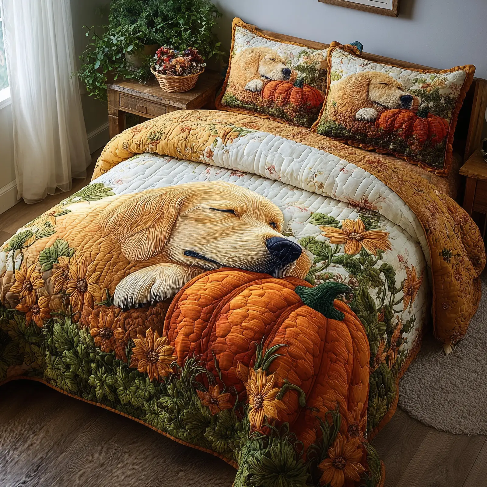 Golden Harvest Retriever Quilted Bedding Set Bed Decoration Golden Retriever Themed Gifts