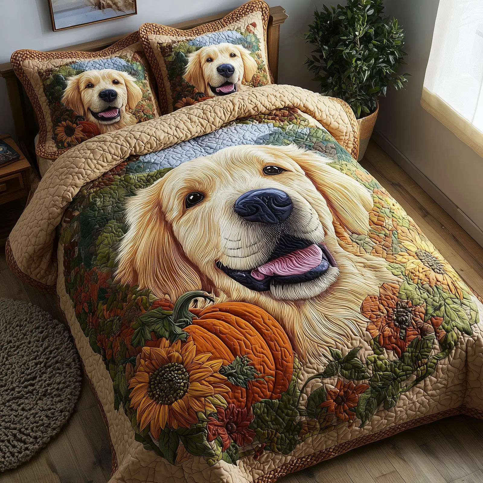 Golden Harvest Retriever Quilted Bedding Set Bed Duvet Spread Golden Retriever Owner Gifts