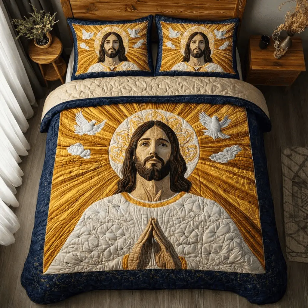 Golden Jesus Quilt Bedding Set Vintage Christian King Size Comforter Home Decor