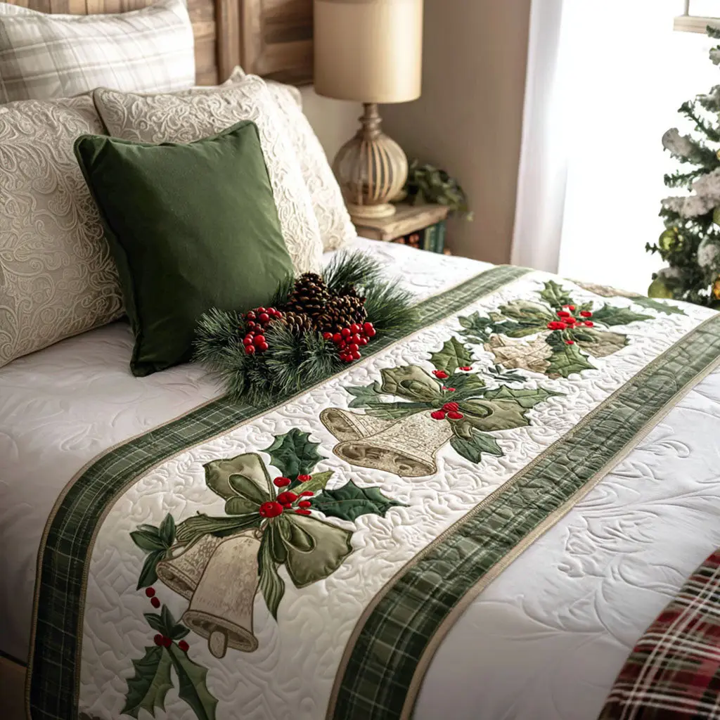 Golden Jingle Quilted Bed Runner Festive Holiday Charm Gift for Christmas Lovers
