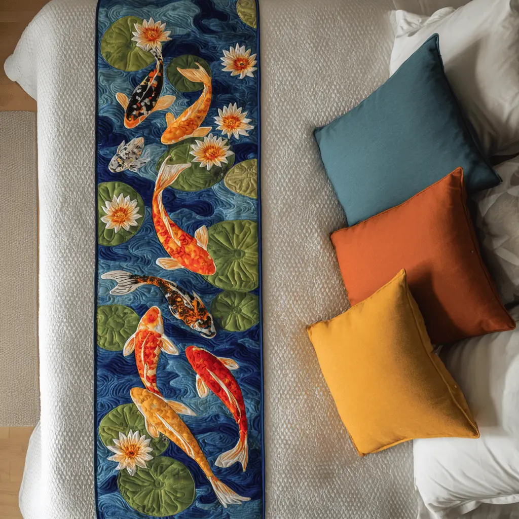 Golden Koi Quilted Bed Runner Golden Koi Pond Elegant Home Gift