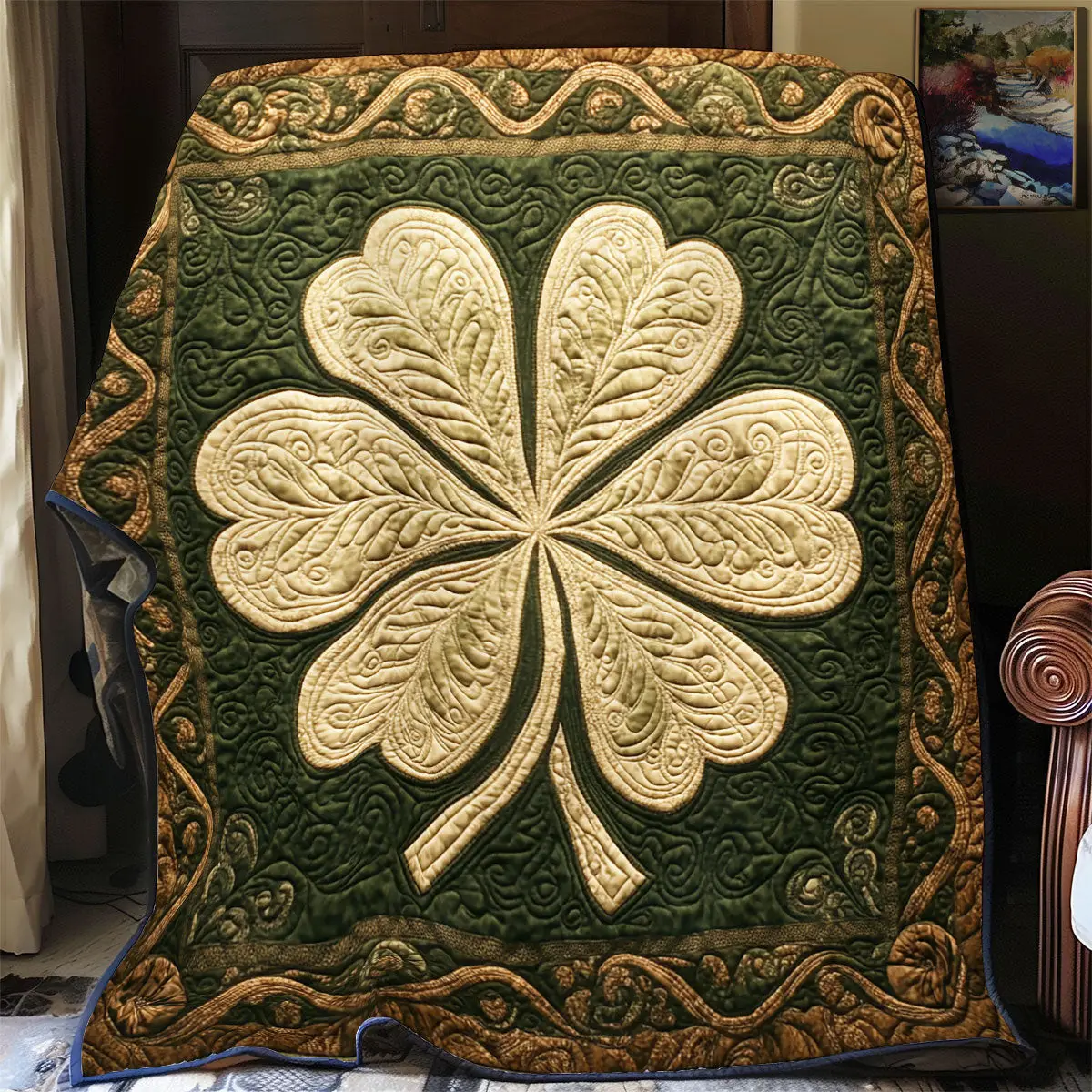 Golden Lucky Clover Quilted Blanket Shamrock Design Happy St Patrick's Day Gift Ideas