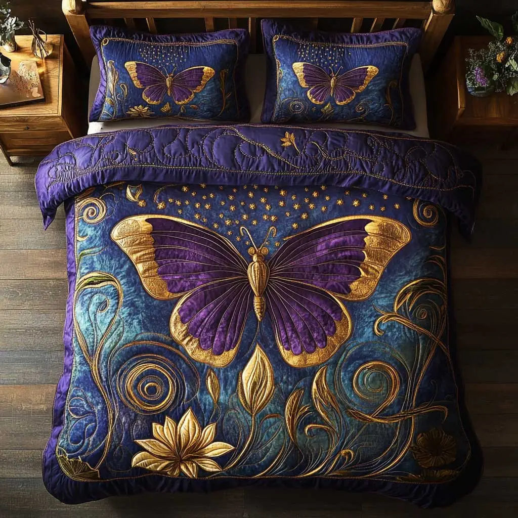 Golden Night Butterfly Quilted Bedding Set Duvet Cover Bedspread Best Gifts For Women
