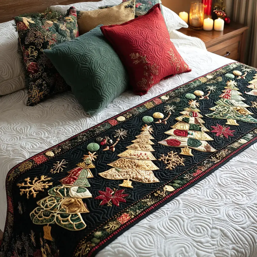 Golden Noel Quilted Bed Runner Golden Holiday Shine Christmas Gift for Grandma