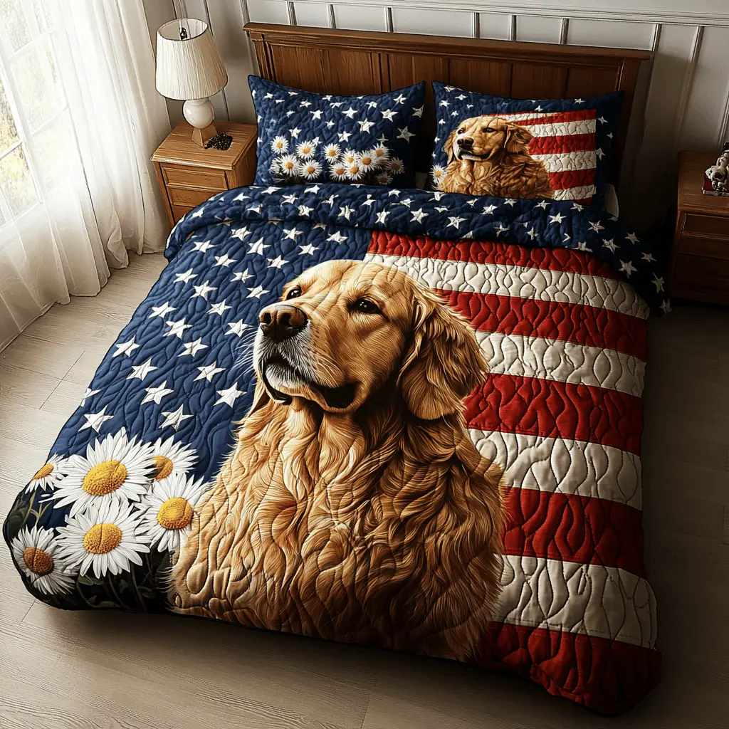 Golden Patriot  Quilted Bedding Set  Duvet Cover Queen Best 4Th Of July Gifts