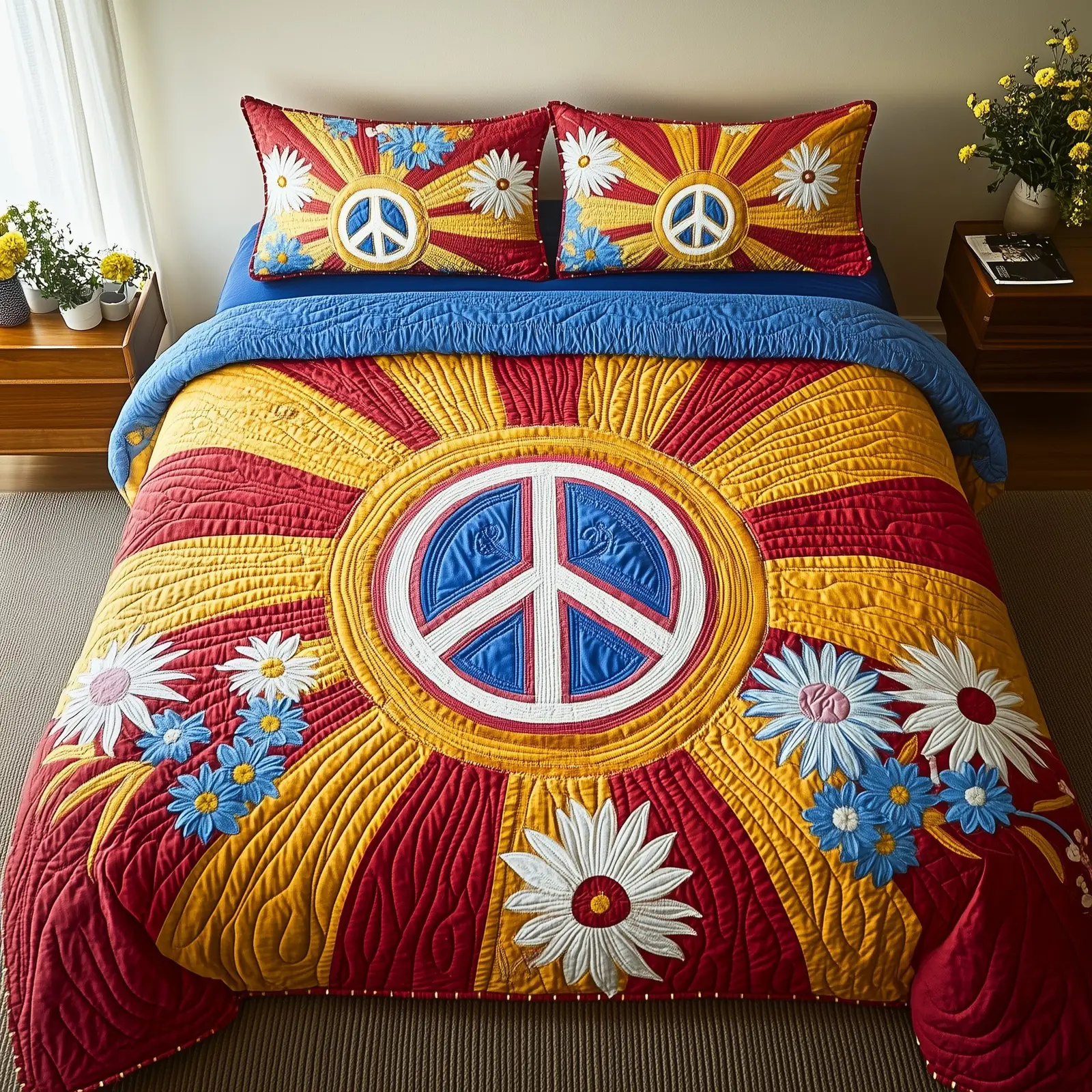 Golden Peace Quilted Bedding Set Duvet Cover Bedspread Hippie Gifts For Family