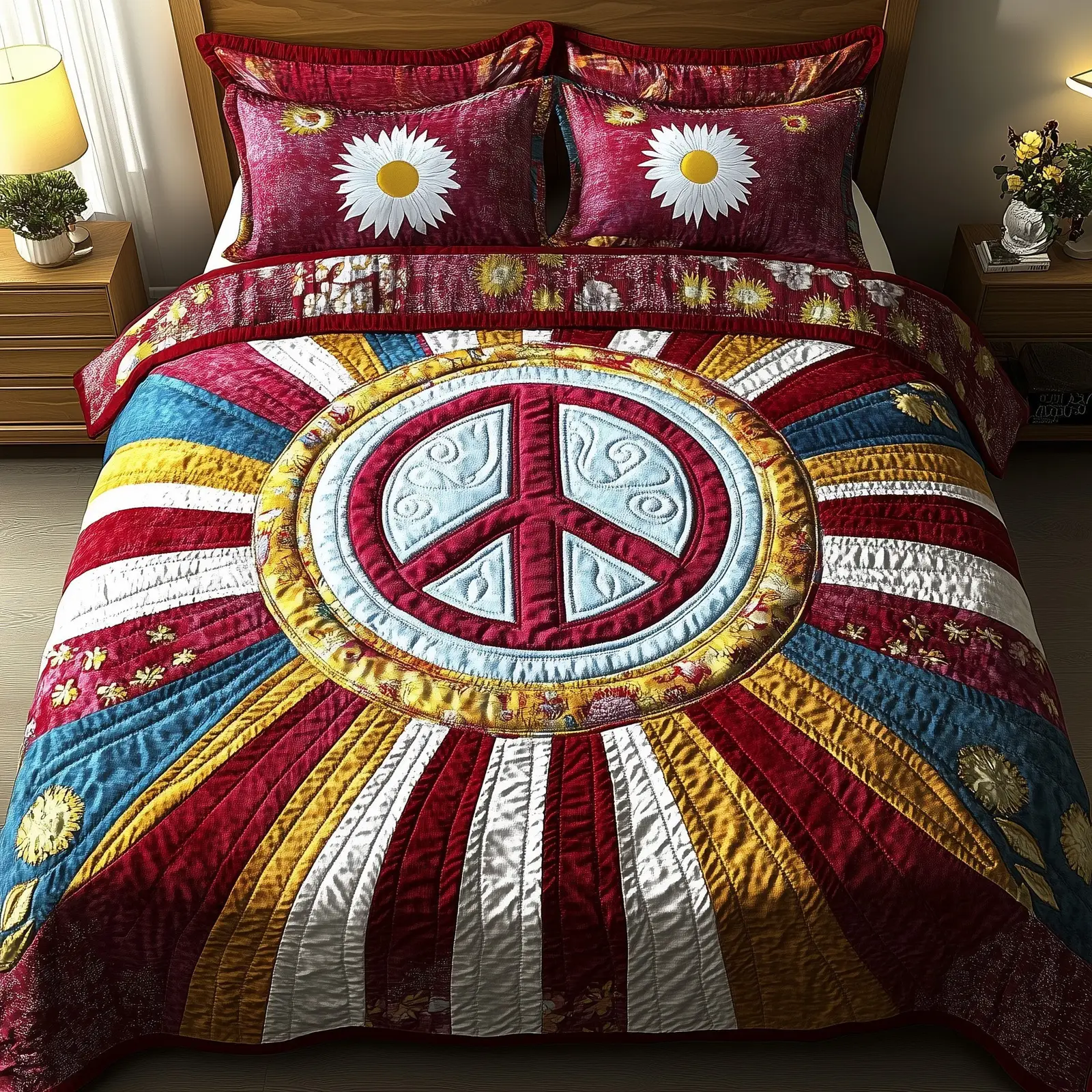 Golden Peace Quilted Bedding Set Duvet Cover Bedspread Hippie Gifts For Friends