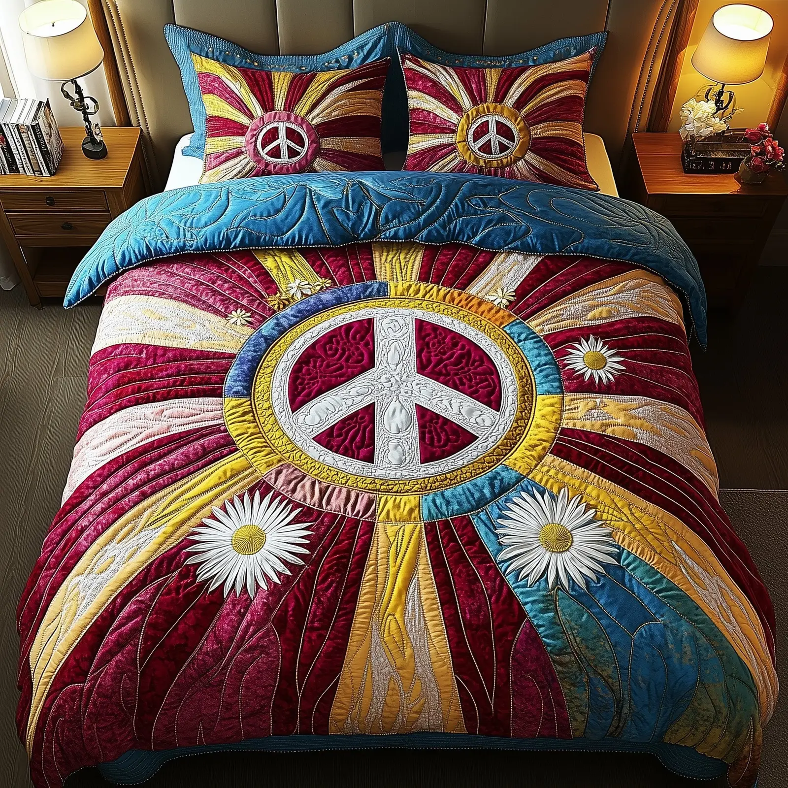 Golden Peace Quilted Bedding Set Duvet Cover Bedspread Hippie Gifts For Peace Lovers
