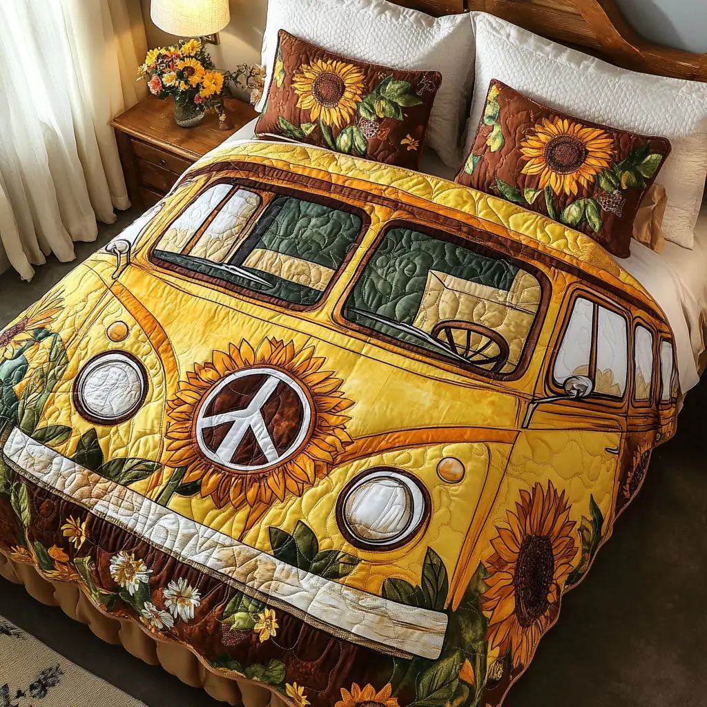 Golden Peace Van Quilted Bedding Set Bed Decor Ideas Birthday Gift For Hippie Friend