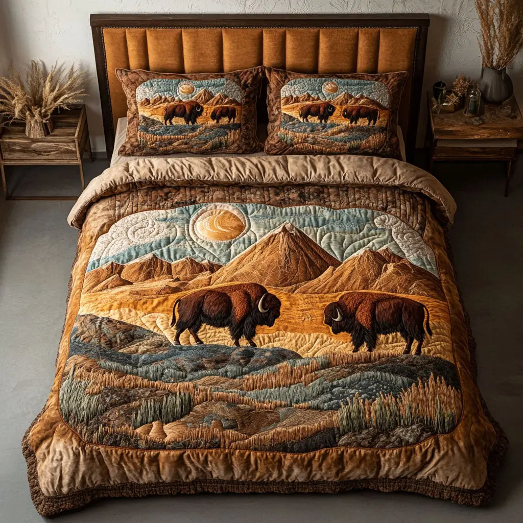 Golden Plains Bison Quilted Bedding Set Bed Decor Ideas Bison Themed Gift Items Golden Plains Bison Quilted Bedding Set Bed Decor Ideas Bison Themed Gift Items - Image 1