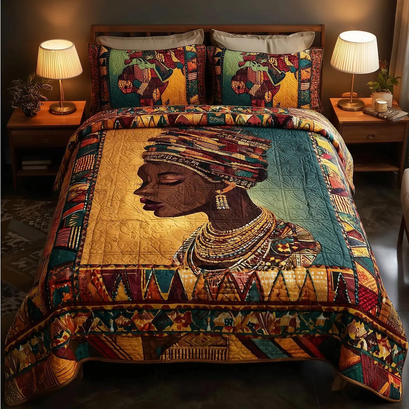 Golden Queen Quilted Bedding Set Duvet Cover Bedspread African American Gifts For Mom