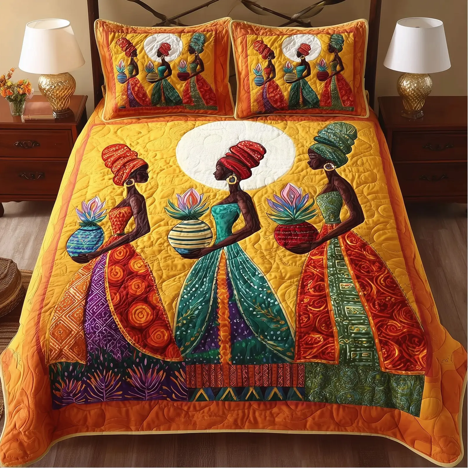 Golden Queens Quilted Bedding Set Duvet Cover Bedspread Native American Gifts For Wife