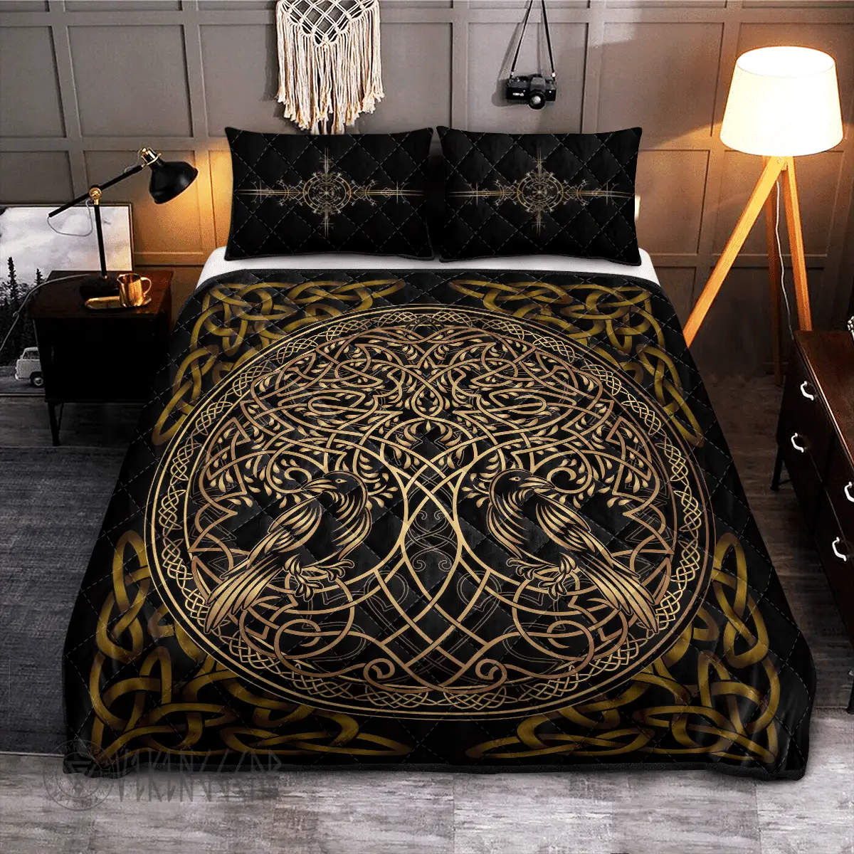 Golden Raven Yggdrasil Art Viking Quilted Bedding Set Room Decor Viking Fathers Day Gifts