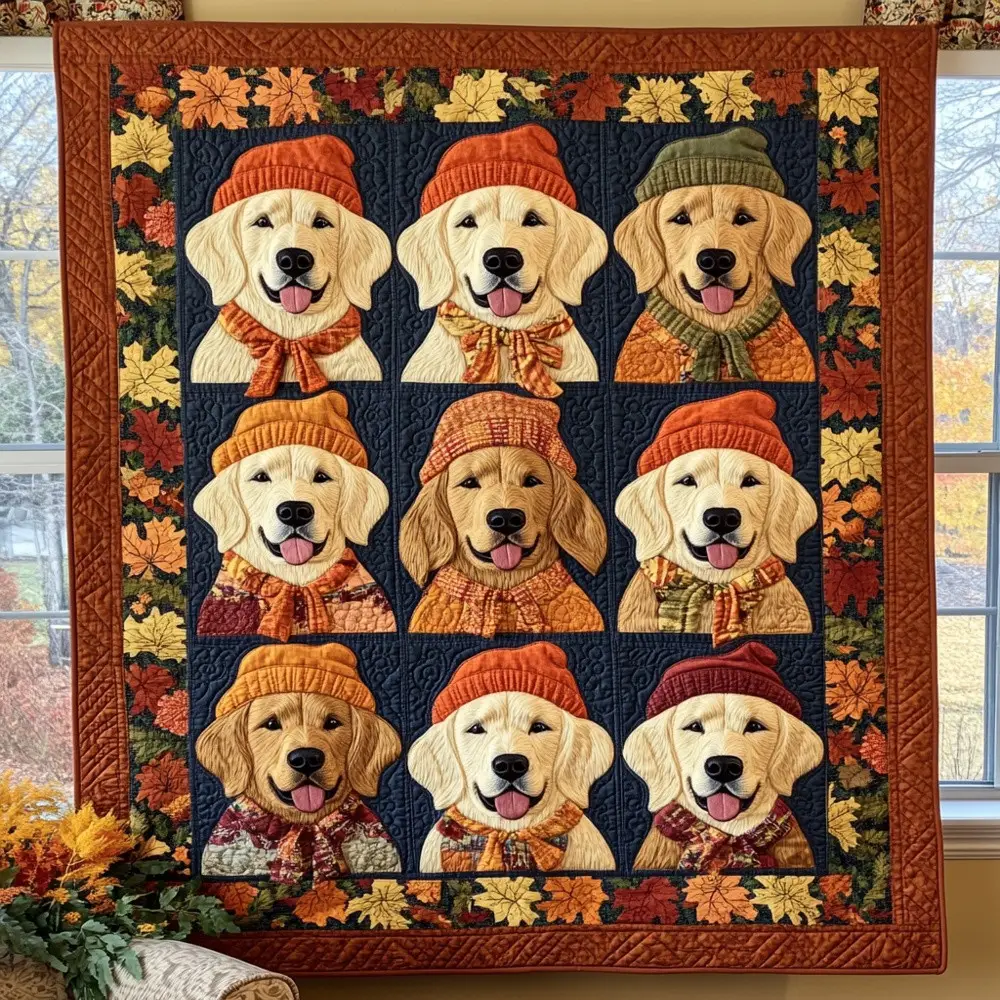 Golden Retriever Autumn Beanie Quilted Blanket Funny Puppy Patchwork Throw Best Gift For Dog Lovers