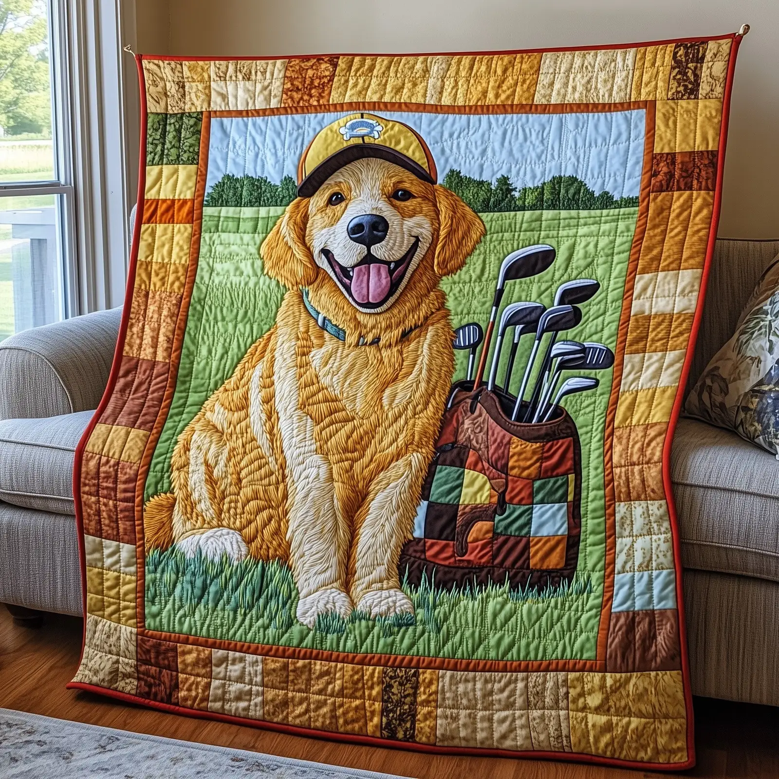 Golden Retriever Golf Quilted Blanket Canine Golfing Companion Gifts For Owners And Golfer