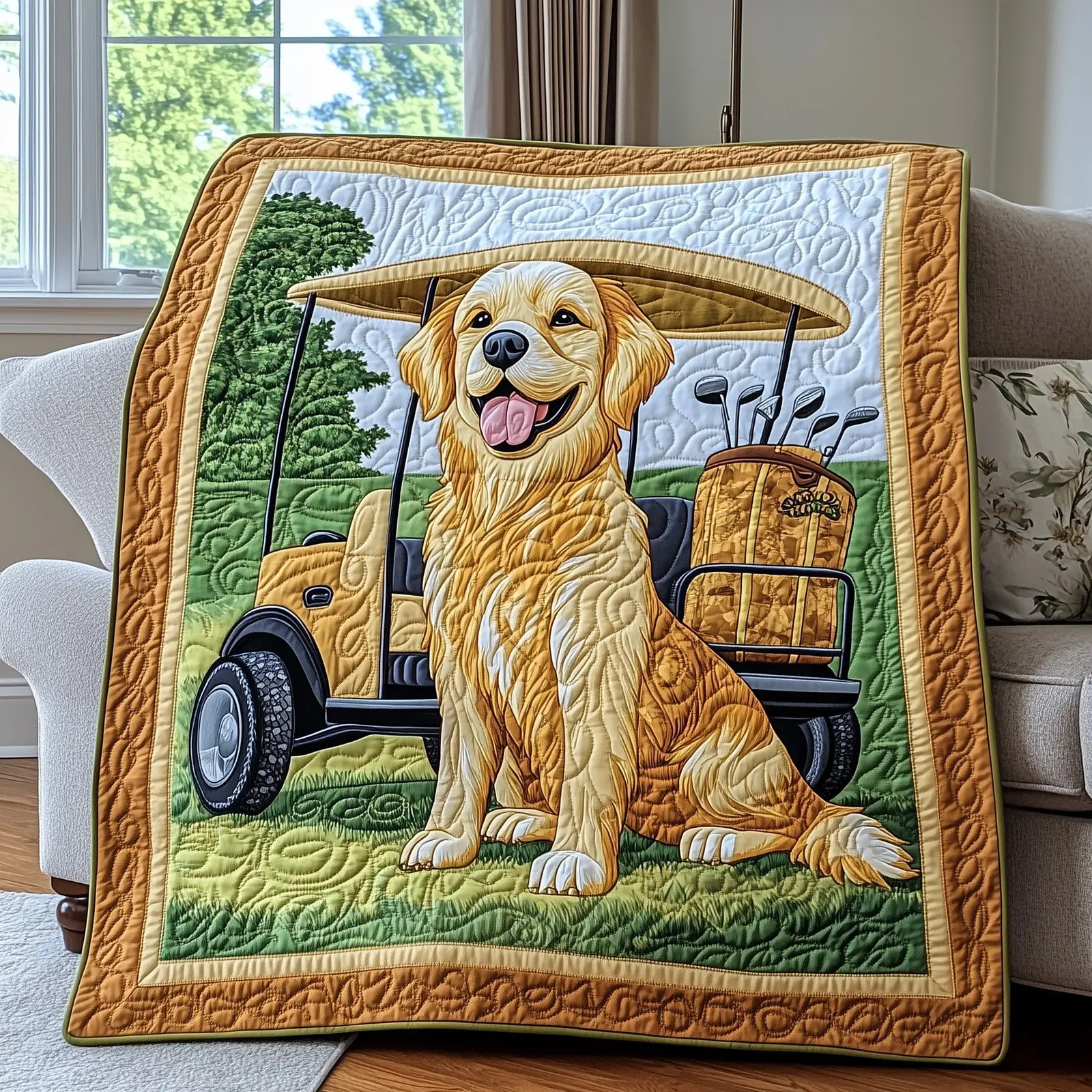 Golden Retriever Golf Quilted Blanket Fun Canine Themed Quilt Golden Retriever Gifts For Owners