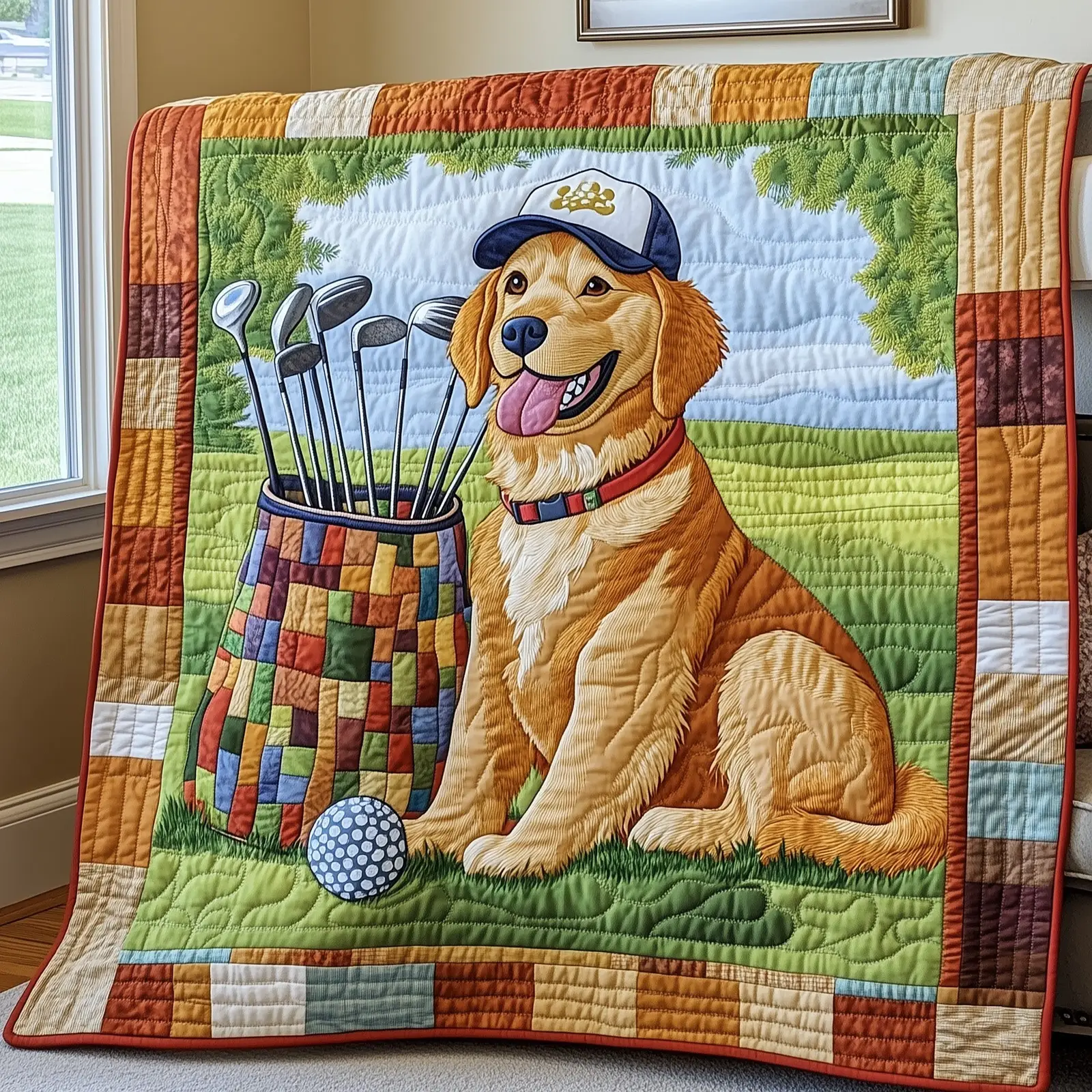 Golden Retriever Golf Quilted Blanket Perfect Gift For Dog Golfers Golden Retriever