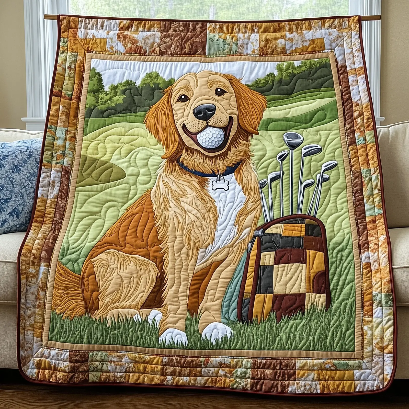 Golden Retriever Golf Quilted Blanket Pet And Sport Golden Retriever Gifts For Golfers