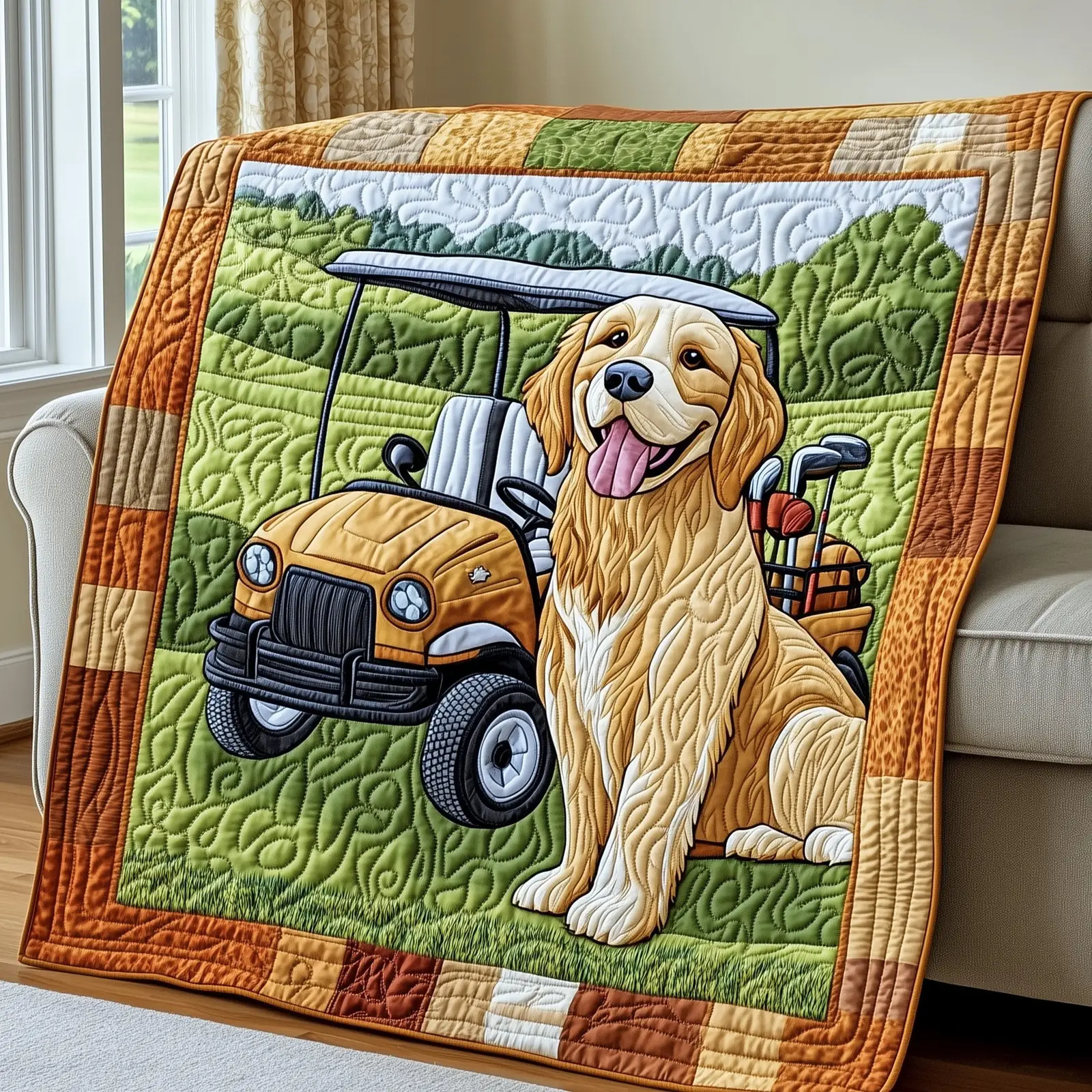 Golden Retriever Golf Quilted Blanket Soft Golf Dog Blanket Gifts For Owners And Golfer