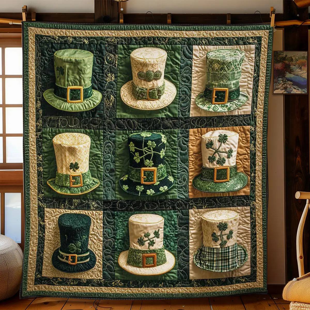 Golden Ribbon Hat Quilted Blanket St Patrick's Day Celebration Holiday Gift Ideas