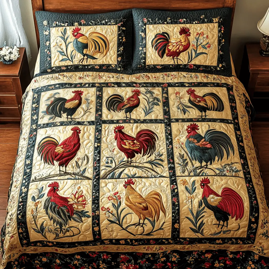 Golden Rooster Quilted Bedding Set Stylish Bed Sheet Set for Modern Home