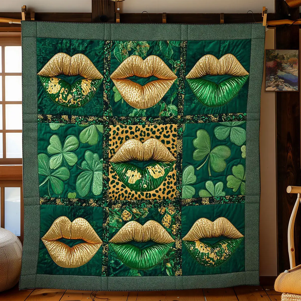 Golden Shamrock Lips Quilted Blanket Room Accessories St Patricks Day Gift Ideas For Family