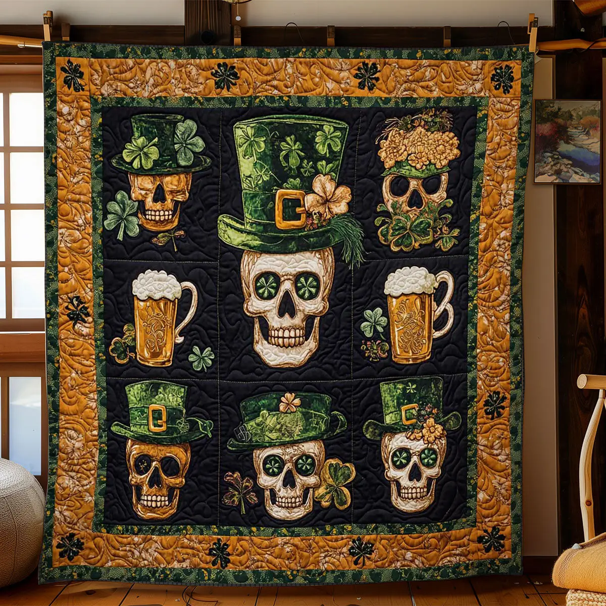 Golden Skull Quilted Blanket Holiday Home Decor St Patrick's Day Celebration Gifts