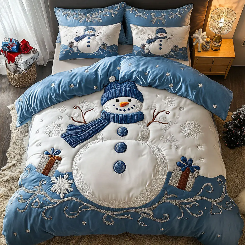 Golden Snowman Quilted Bedding Set Duvet Cover Bedspread Gifts Bedroom Decorative