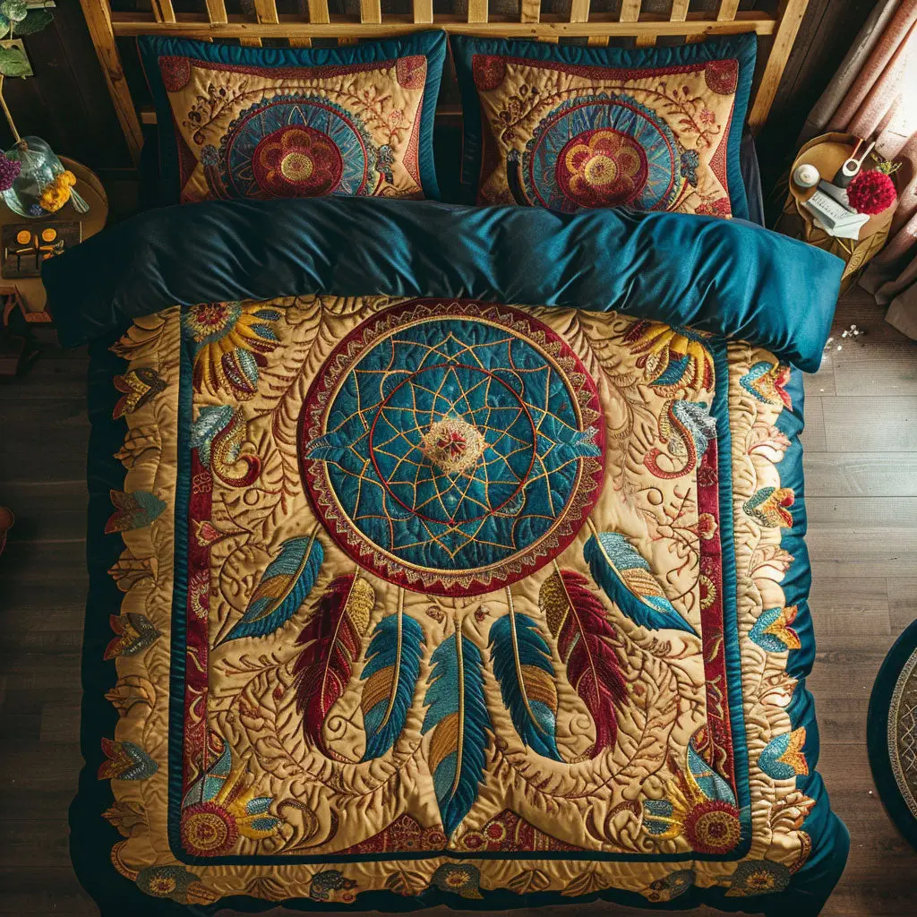 Golden Spirit Quilted Bedding Set Duvet Cover Bedspread Bedroom Decor Presents For Men