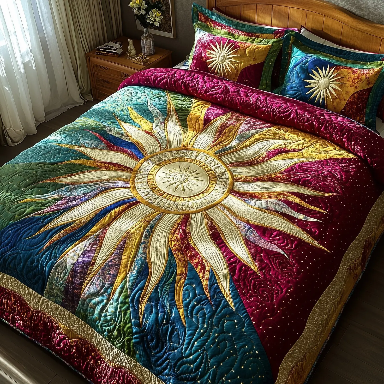 Golden Sunburst Quilted Bedding Set Duvet Cover Bedspread Gifts For Family