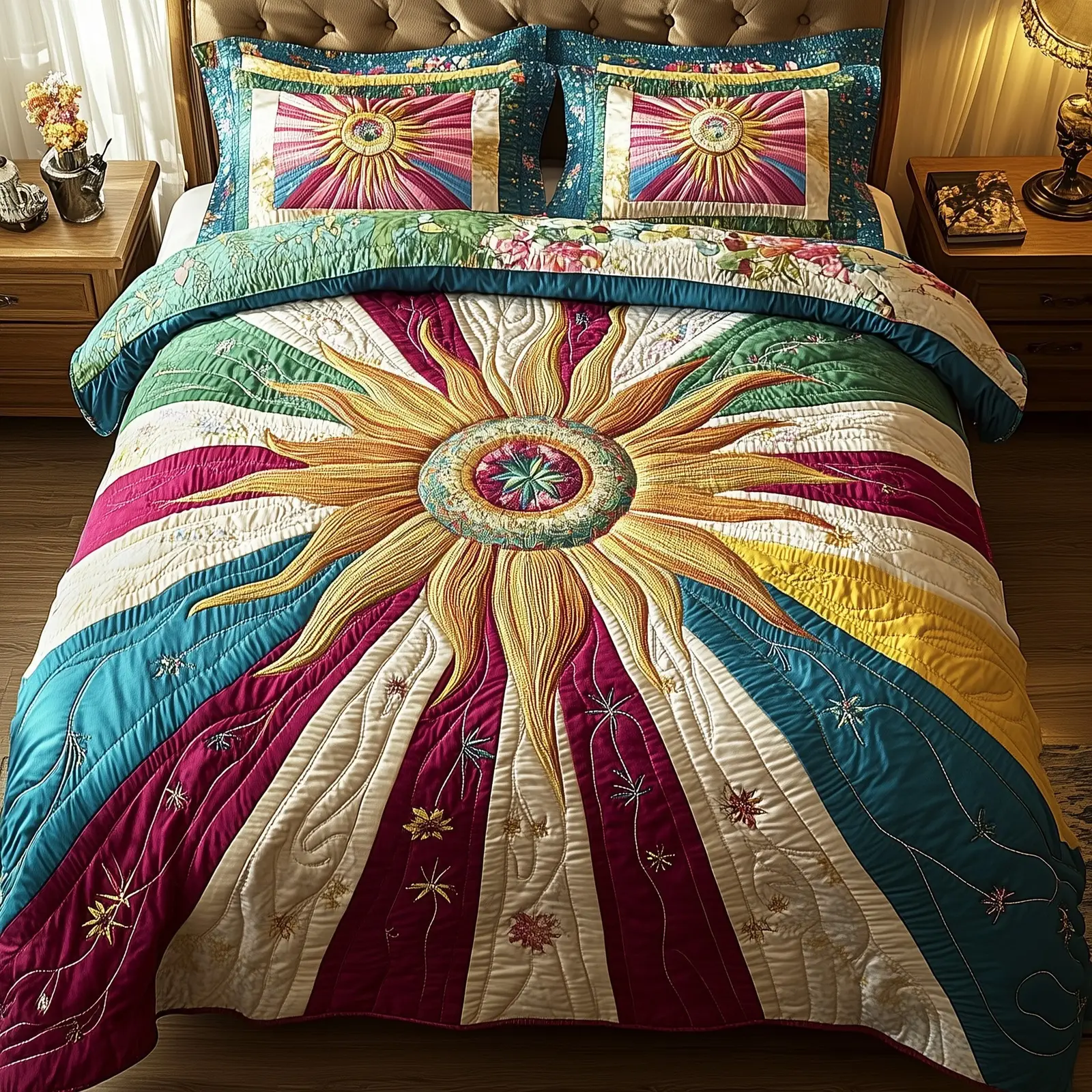 Golden Sunburst Quilted Bedding Set Duvet Cover Bedspread Healing Positive Energy Gifts For Husband